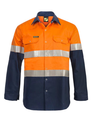 Mens Hi Vis Long Sleeve Cotton Drill Shirt with Press Studs and Reflective Tape (NC-WS3072)