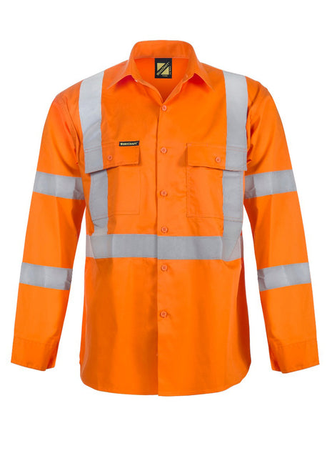 Mens Hi Vis Lightweight Long Sleeve Vented Cotton Drill Shirt with Reflective Tape X Pattern (NC-WS6010)