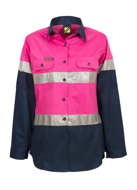 Womens Hi Vis Lightweight Long Sleeve Vented Cotton Drill Shirt with Reflective Tape (NC-WSL503)
