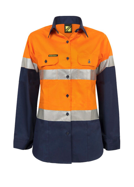 Womens Hi Vis Lightweight Long Sleeve Vented Cotton Drill Shirt with Reflective Tape (NC-WSL501)