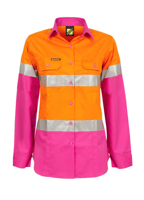 Womens Hi Vis Lightweight Long Sleeve Vented Cotton Drill Shirt with Reflective Tape (NC-WSL501)