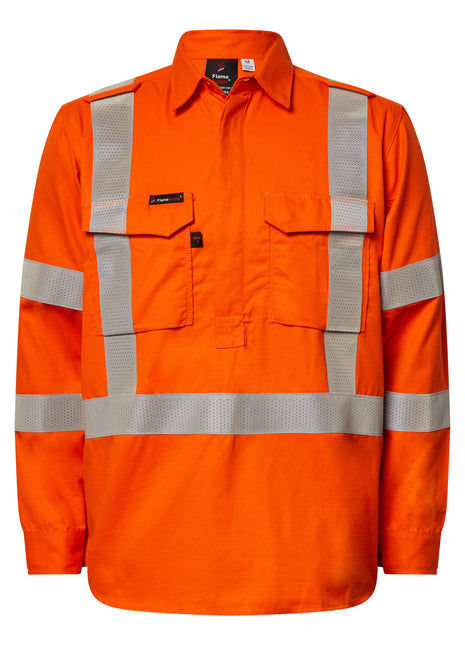 Mens Hi Vis HRC 2 Inherent Closed Front Shirt with Gusset Sleeves and Reflective Tape X Pattern (NC-FSV031A)
