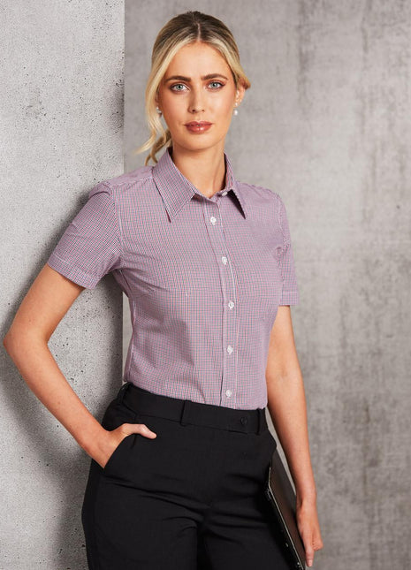 Womens Two Tone Mini Check Short Sleeve Shirt (WS-M8340S)