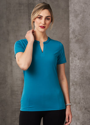 Womens V-Neck With Tab Short Sleeve Knit Top (WS-M8840)