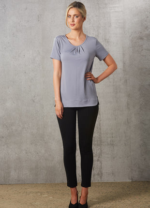 Womens Round Neck With Pleats Short Sleeve Knit Top (WS-M8850)