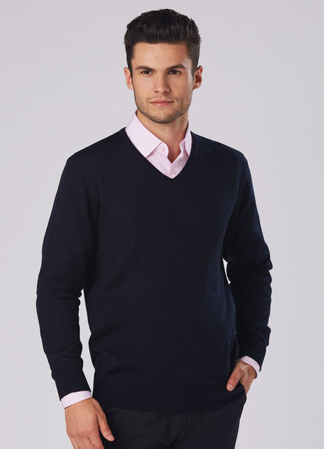 Mens 100% Merino Wool V Neck Long Sleeve Sweater (WS-M9502)