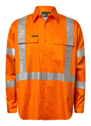 Mens Hi Vis Lightweight Long Sleeve Vented Cotton Drill Shirt with Reflective Tape X Pattern (NC-WS6010)