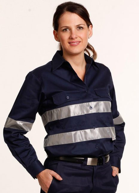 Womens Hi Vis Cotton Drill Long Sleeves Work Shirt With 3M® Reflective Taps (WS-WT08HV)