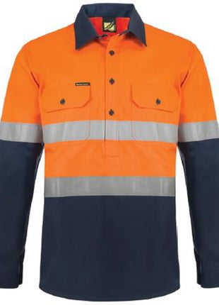 Mens Hi Vis Heavy Duty Hybrid Closed Front Cotton Drill Shirt with Reflective Tape and Gusset Sleeves (NC-WS6031)