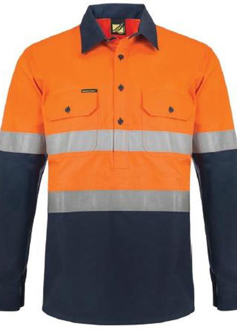 Mens Hi Vis Heavy Duty Hybrid Closed Front Cotton Drill Shirt with Reflective Tape and Gusset Sleeves (NC-WS6031)