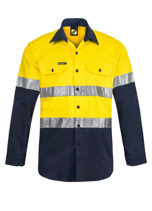 Mens Hi Vis Heavy Duty Hybrid Closed Front Cotton Drill Shirt with Reflective Tape and Gusset Sleeves (NC-WS6031)